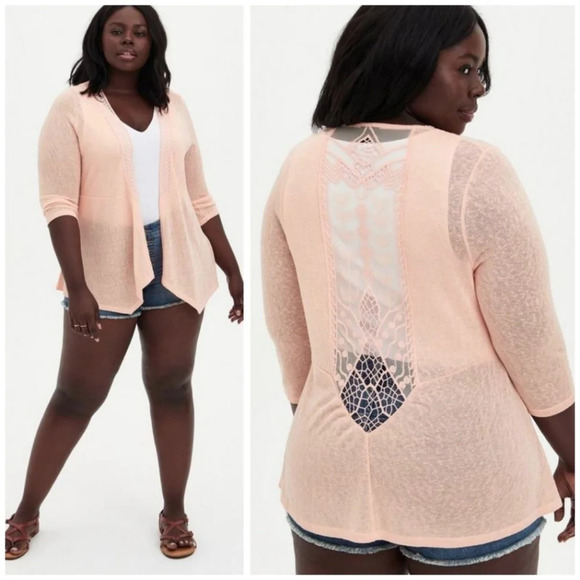 TORRID Nwt 3/4 Sleeve Lace Back Open Front Knit Cardigan, Peach Pink, 00 , M/L - Picture 2 of 16